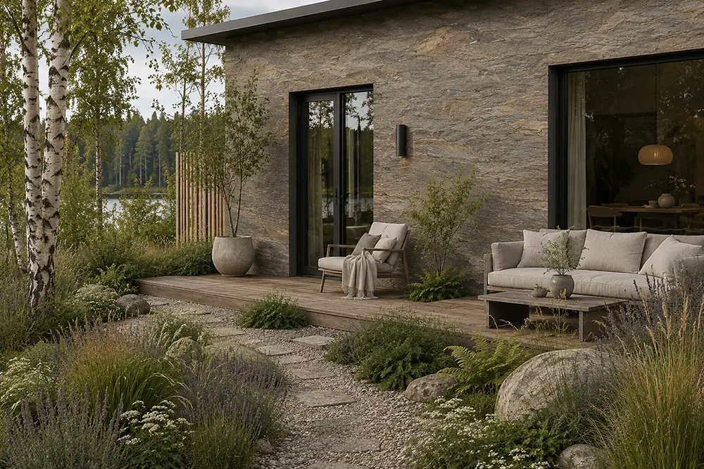 Baltische tuin met natuurstenen gevelbekleding combinatie