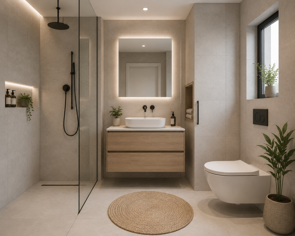 Een moderne kleine badkamer met een rustige uitstraling