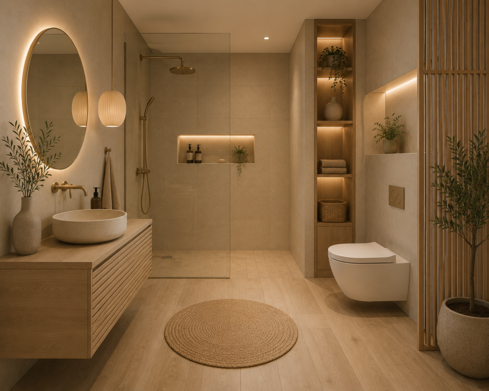 Warme natuurlijke tinten voor een ontspannen sfeer in een kleine badkamer