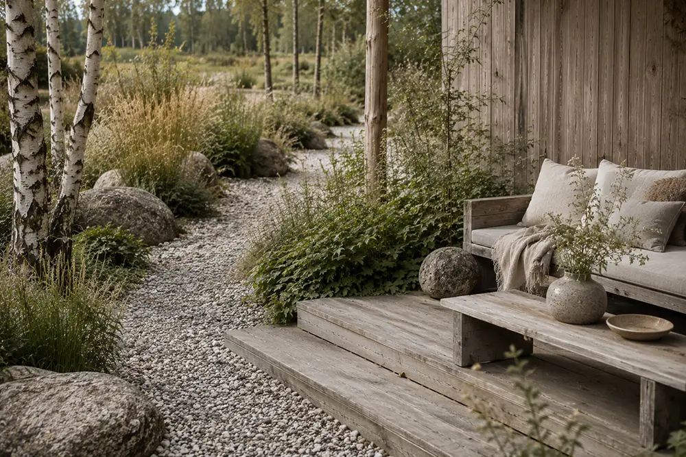 baltische tuin met natuurlijke materialen