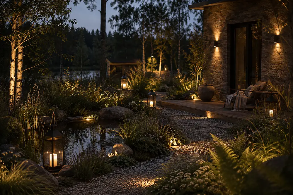 baltische tuin met tuinverlichting