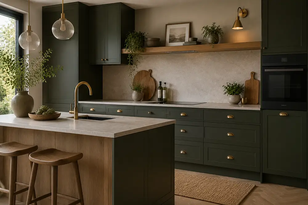 donkergroene keuken met natuurlijke materialen