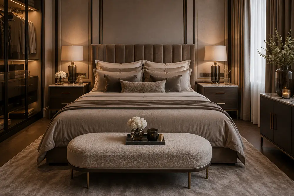 hotel chique slaapkamer materialen en symmetrie
