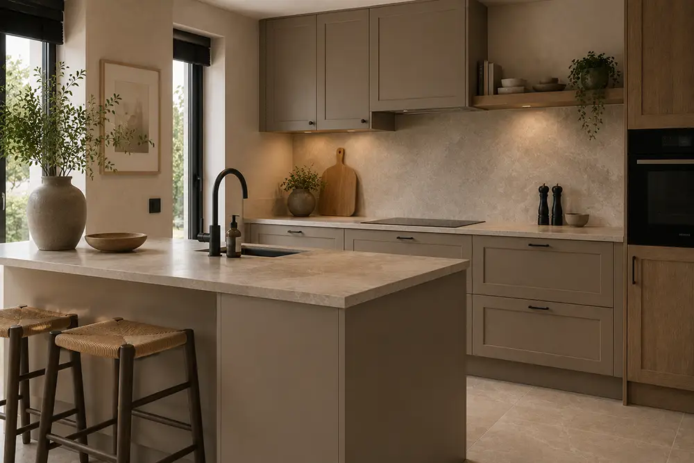 taupe keuken met een rustige uitstraling