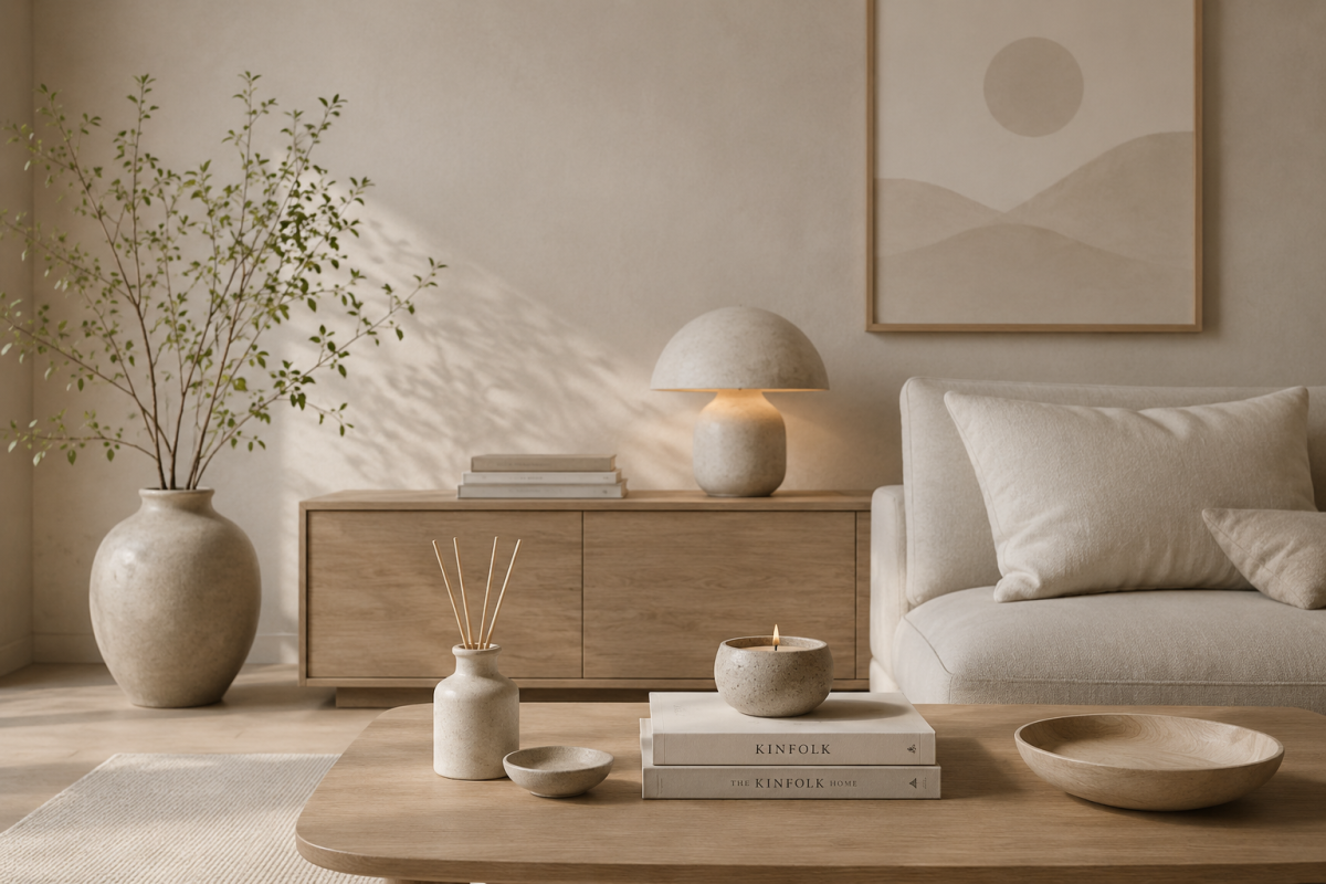verlichting en accessoires in een Japandi stijl woonkamer