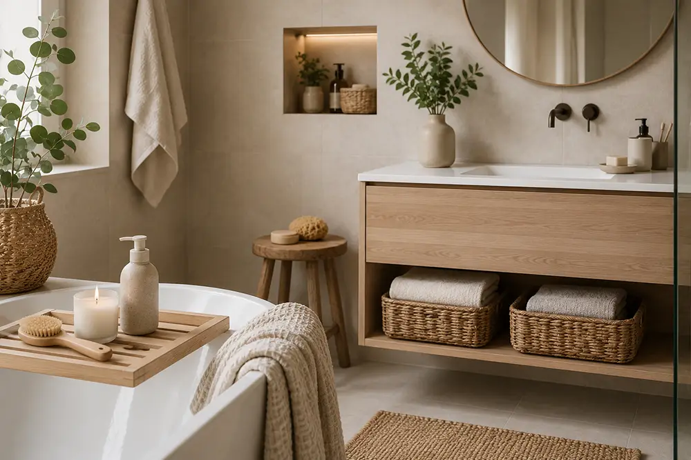 Scandinavische-badkamer-gestyled-met-houten-accessoires-planten-keramische-zeepdispensers-en-opbergmanden-van-rotan