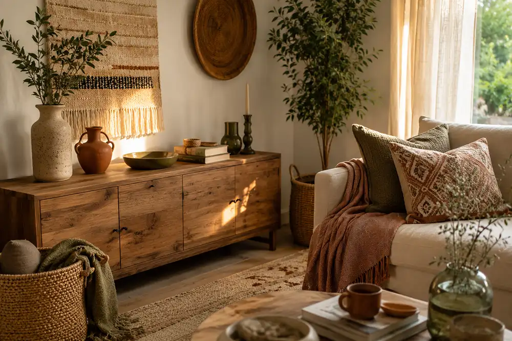 bohemian accessoires in rustig scandinavisch interieur