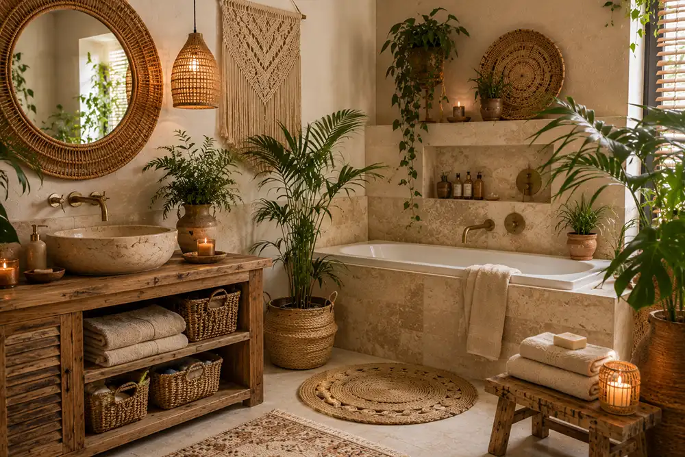 bohemian badkamer met natuurlijke materialen