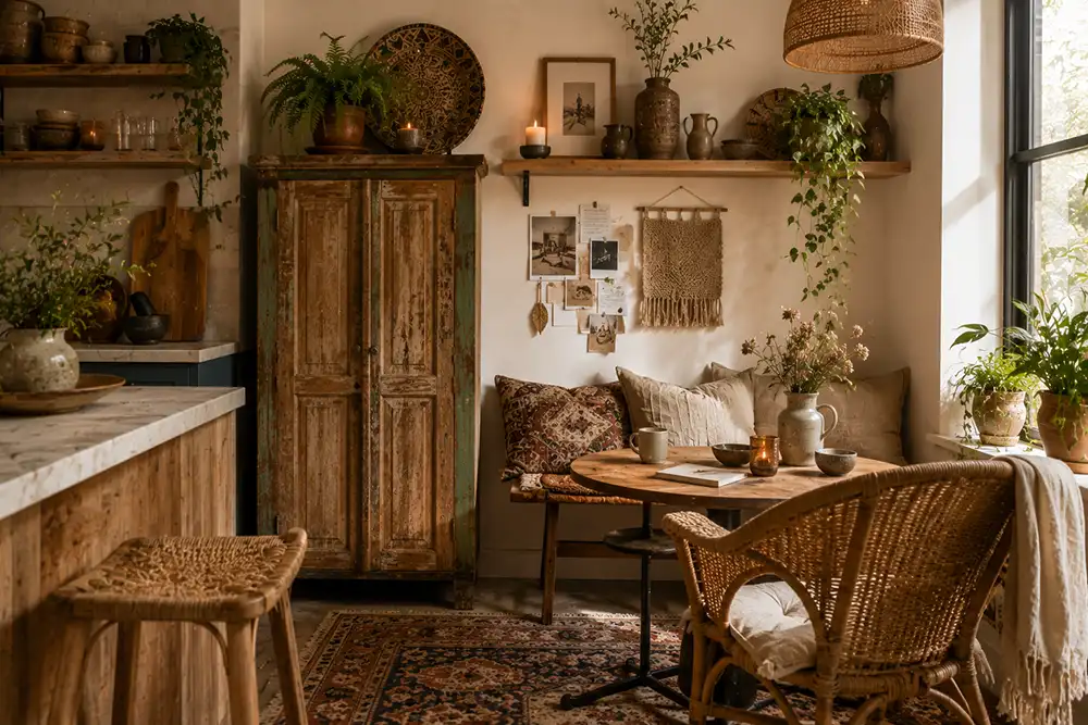 bohemian keukenhoek met vintage kast en natuurlijke materialen