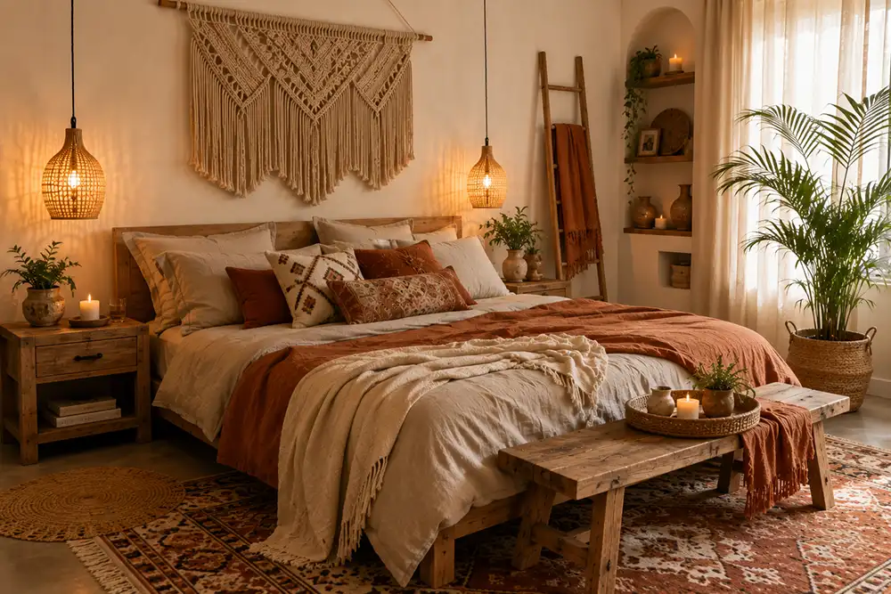 bohemian slaapkamer met linnen en hout