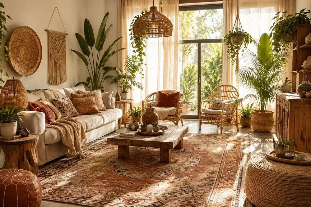 bohemian woonkamer met natuurlijke materialen