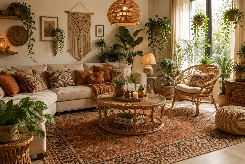 bohemian woonkamer met rotan meubels