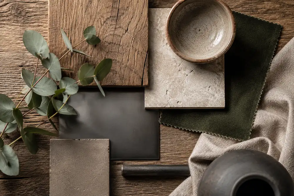 combinatie van hout staal linnen velvet en keramiek