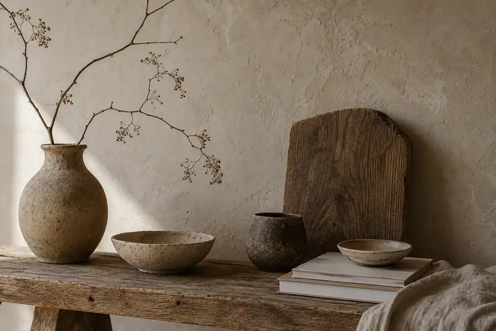 details van een wabi sabi interieur met handgemaakt keramiek en natuurlijke materialen