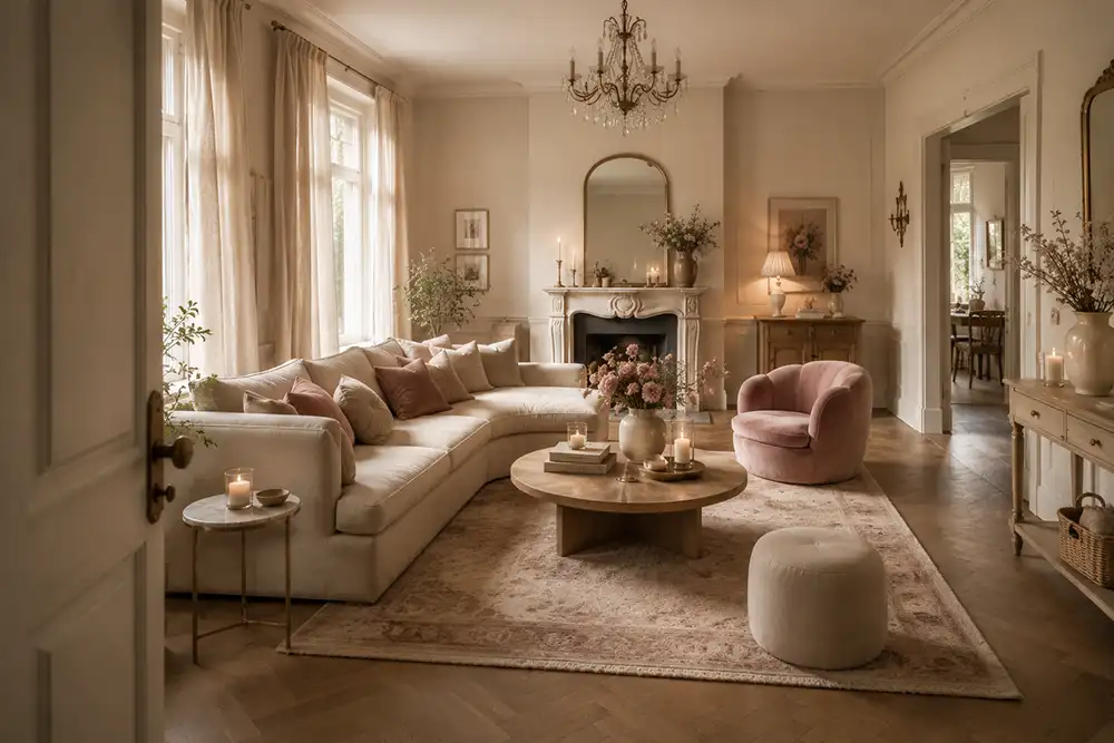 een complete romantische woonkamer vanuit een iets bredere hoek, alsof je er zo naar binnen loopt