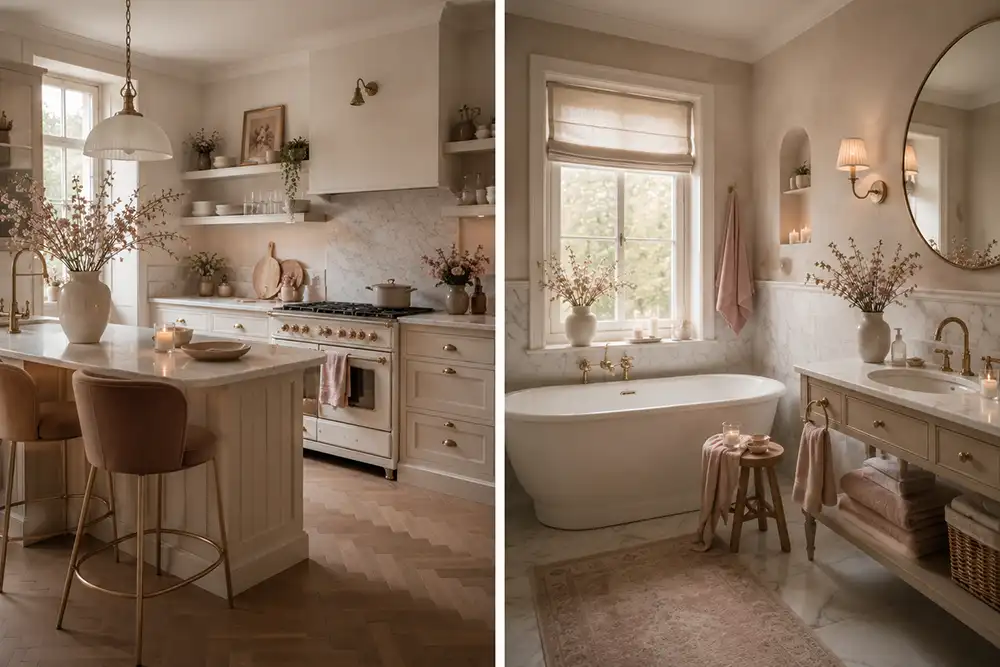 een romantische lichte keuken en badkamer in dezelfde stijl