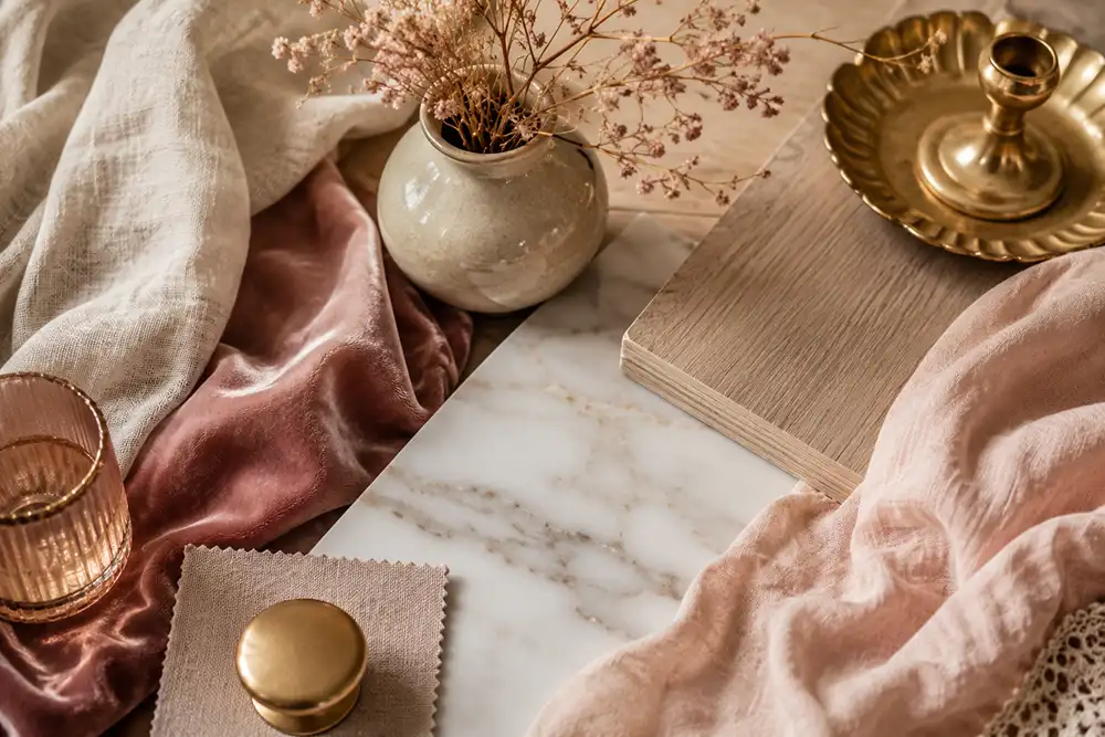 een sfeervol detailbeeld van verschillende materialen linnen, fluweel, marmer, licht hout, keramiek en een gouden accessoire