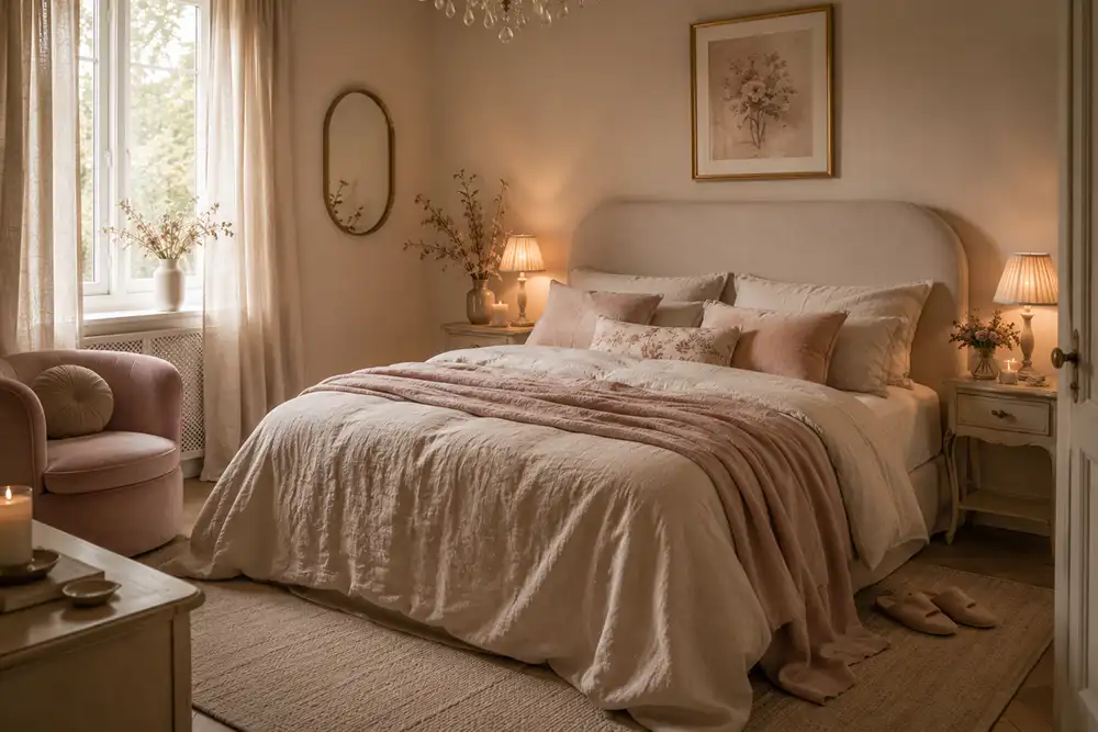 een slaapkamer met een gestoffeerd hoofdbord linnen beddengoed warme verlichting en zachte aardetinten