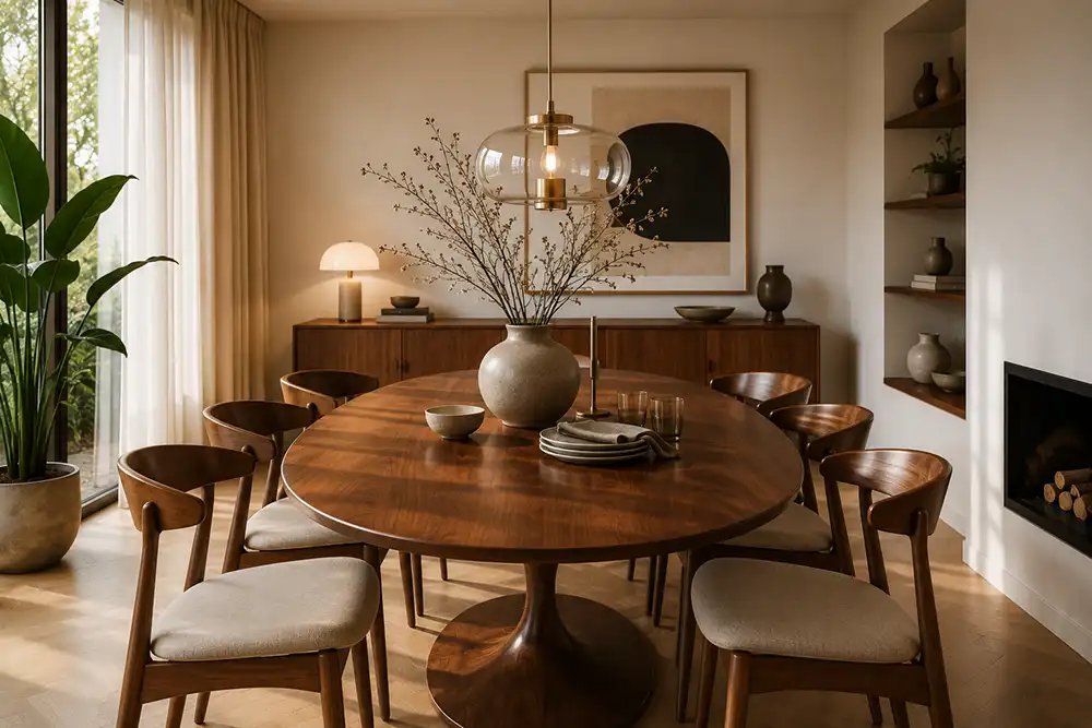 eetkamer met ovale tafel en ronde vormen