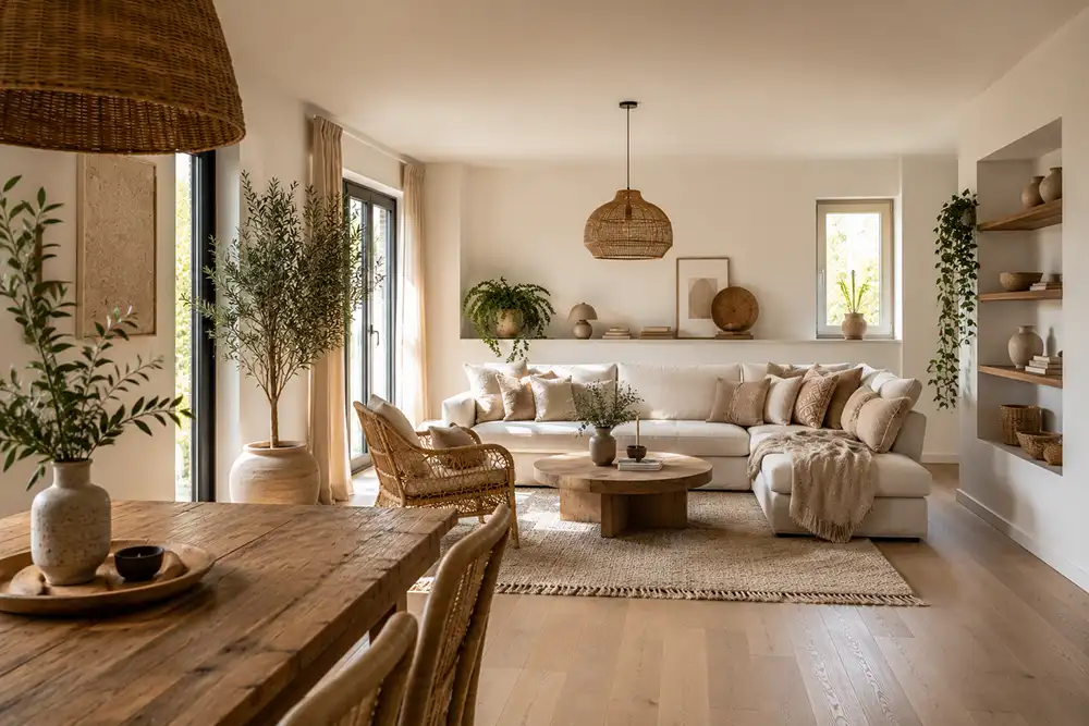 gezellige scandinavisch bohemian woonkamer met linnen bank