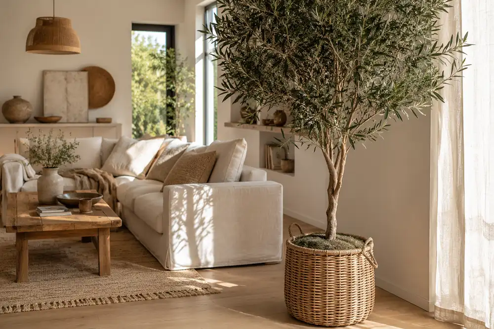 grote kamerplant in scandinavisch bohemian woonkamer