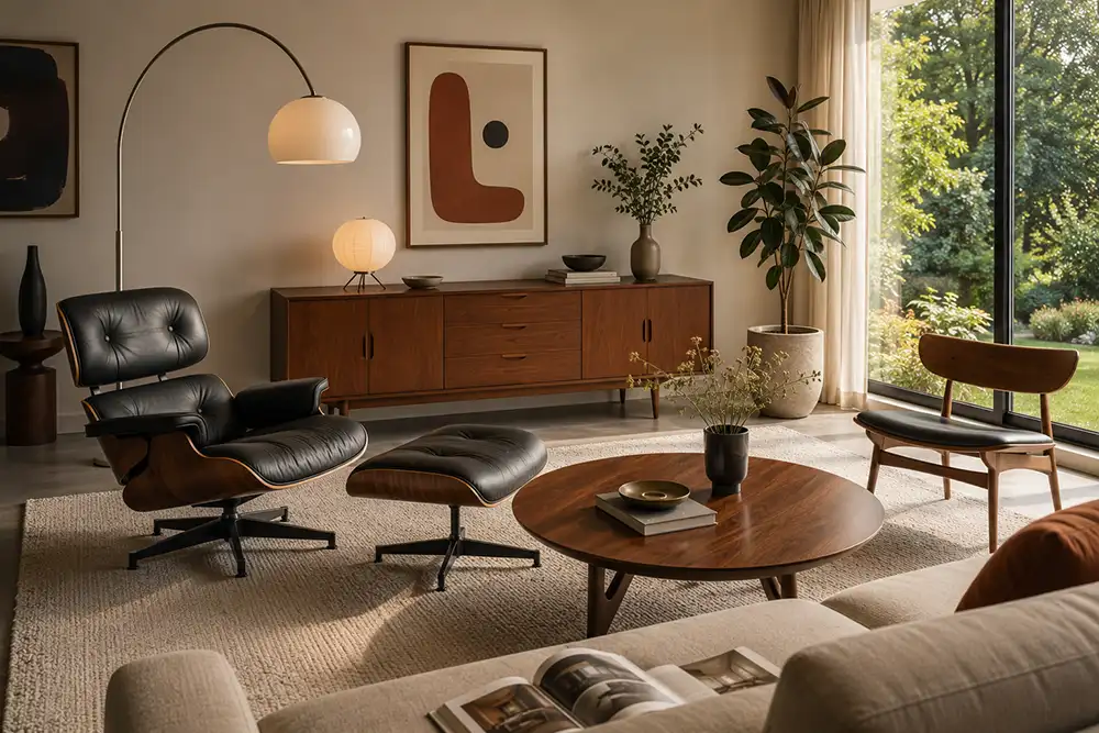 herkenbare mid century modern meubels in woonkamer