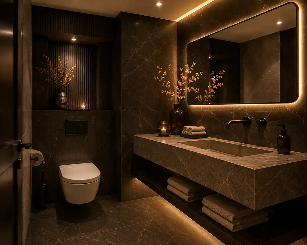 hotel chique toilet met donkere tegels en marmerlook