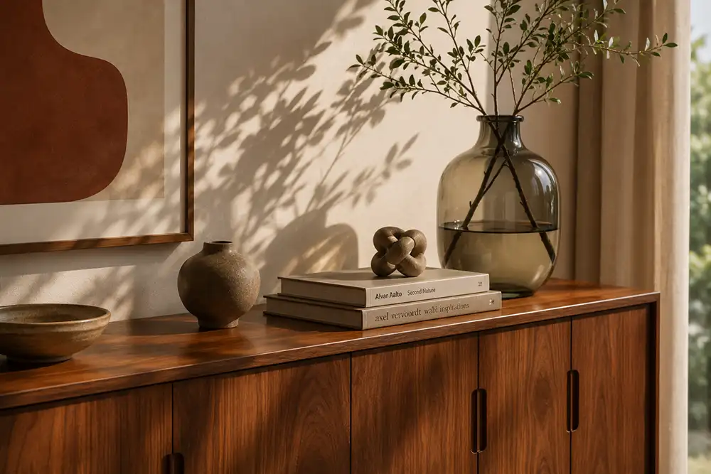 houten dressoir met keramiek en glazen vaas