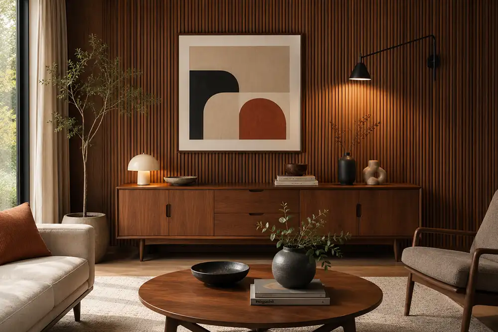 houten wandpanelen met kunst aan de muur