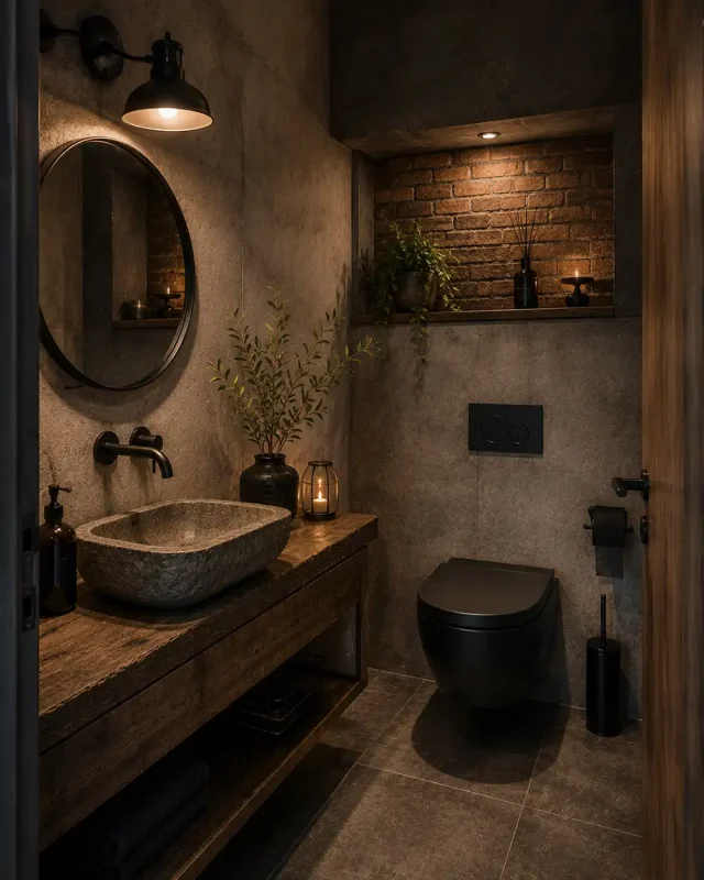 industrieel toilet met betonlook en zwarte accenten