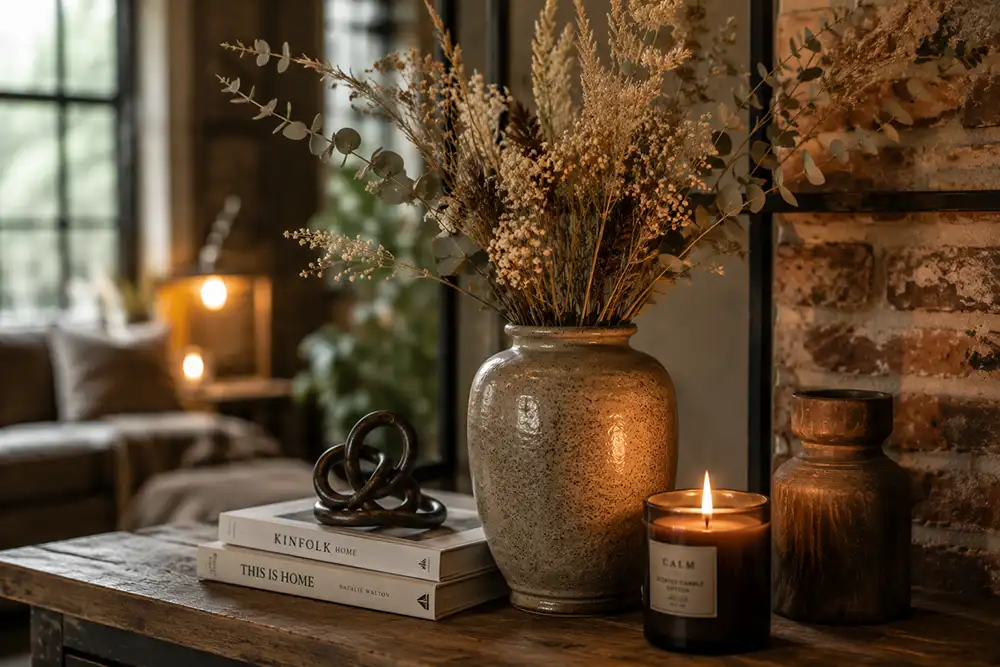 interieurdetail met bloemen keramiek hout en kaarsen