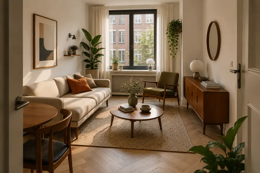 kleine woonkamer in mid century modern stijl