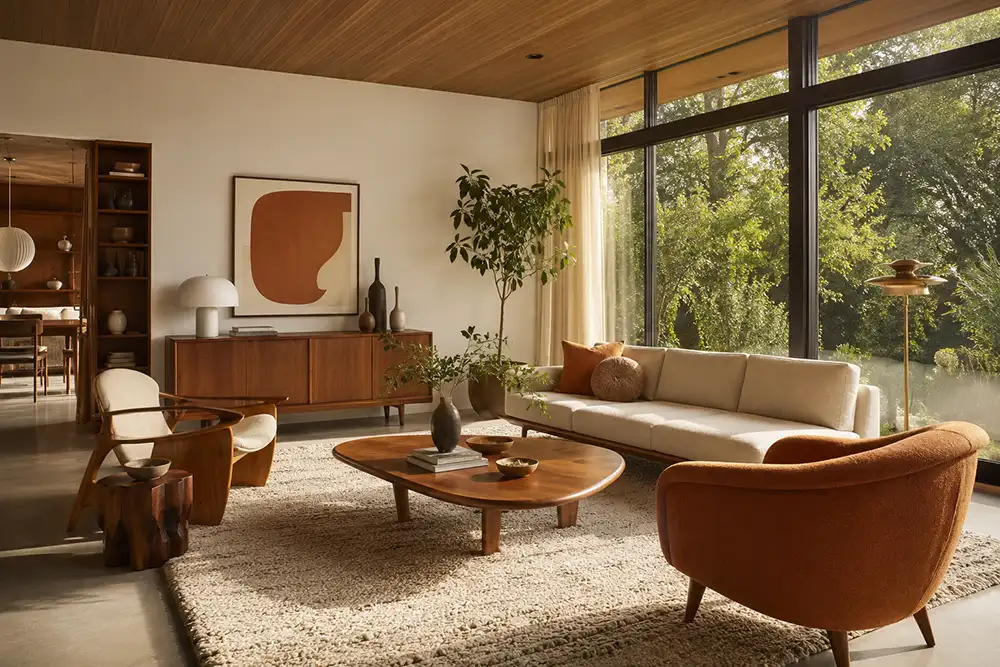 mid century modern woonkamer met houten meubels en warme kleuren