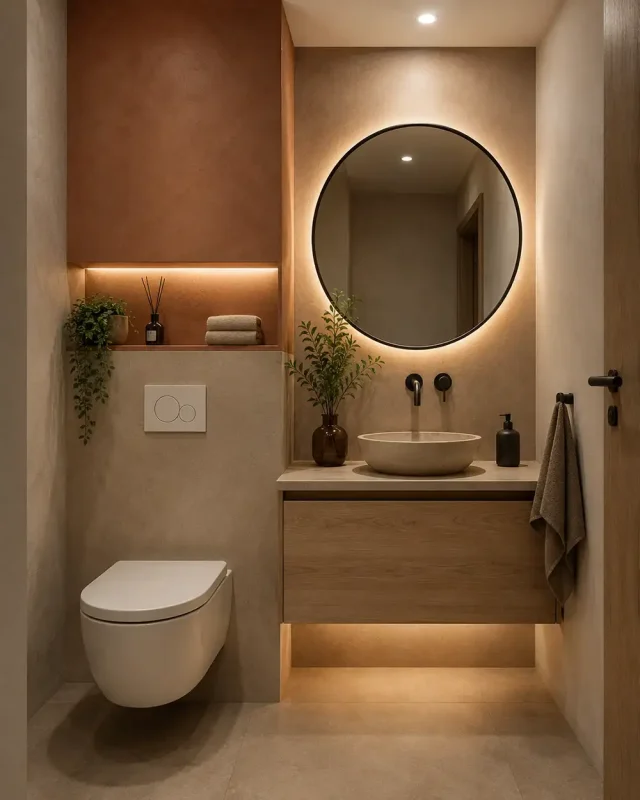 modern toilet met warme aardetinten houten accenten en ronde spiegel