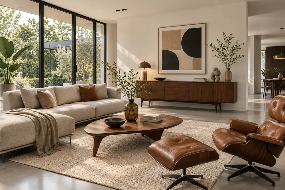 moderne woonkamer met mid century modern invloeden