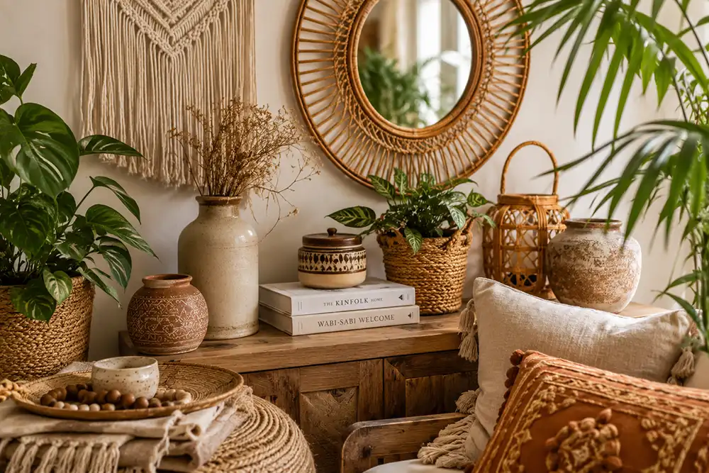 natuurlijke materialen in bohemian interieur