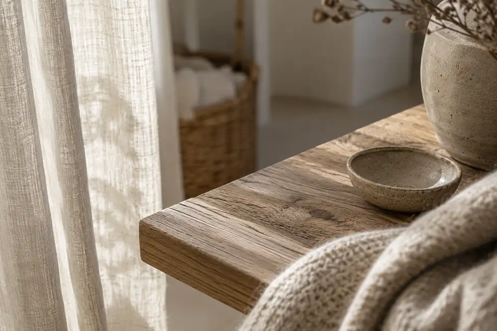 natuurlijke materialen zoals hout linnen en wol in scandi boho interieur