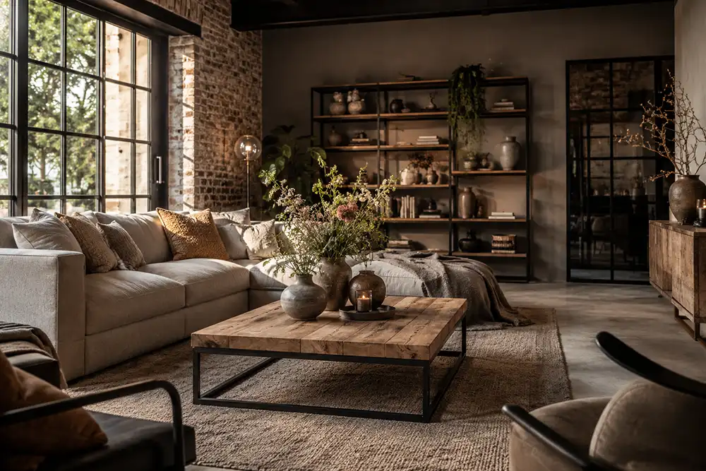 romantisch industrieel interieur met hout staal en zachte stoffen