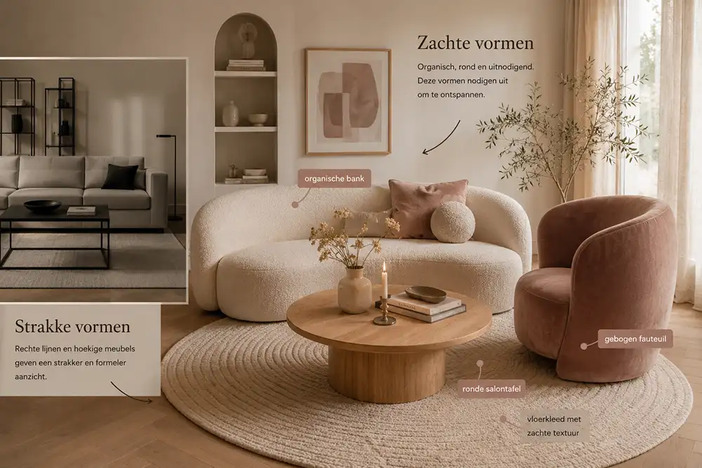 romantische zithoek met ronde vormen vs zithoek met strakke vormen