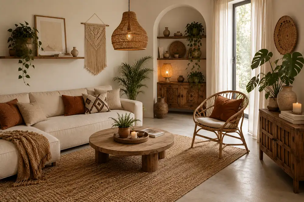 rustig opgeruimde bohemian interieur met balans