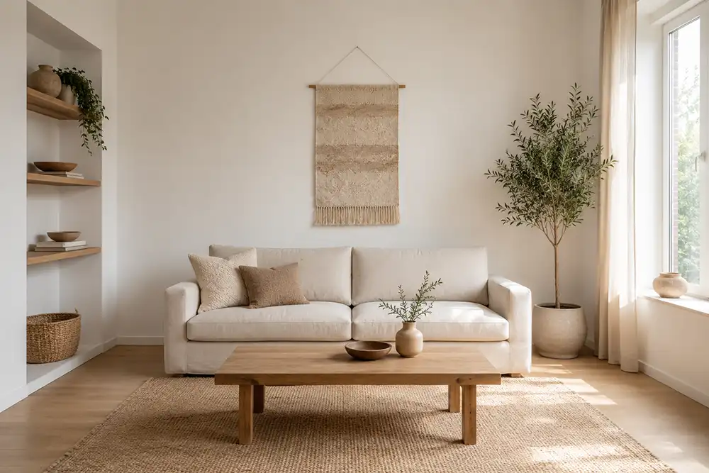 rustig scandi boho interieur met weinig accessoires