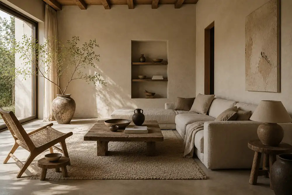 rustige wabi sabi woonkamer met natuurlijke materialen en warme aardetinten