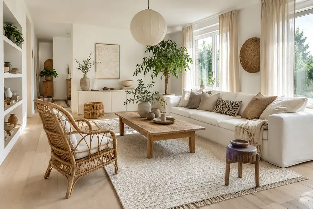 scandinavisch bohemian interieur met lichte woonkamer en natuurlijke materialen