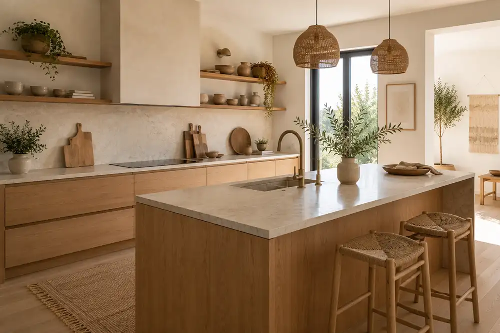 scandinavisch bohemian keuken met hout en natuursteen