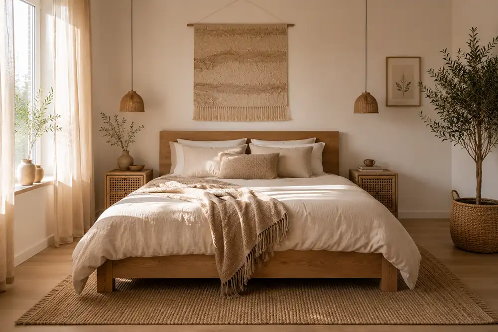 scandinavisch bohemian slaapkamer met houten bed en linnen beddengoed