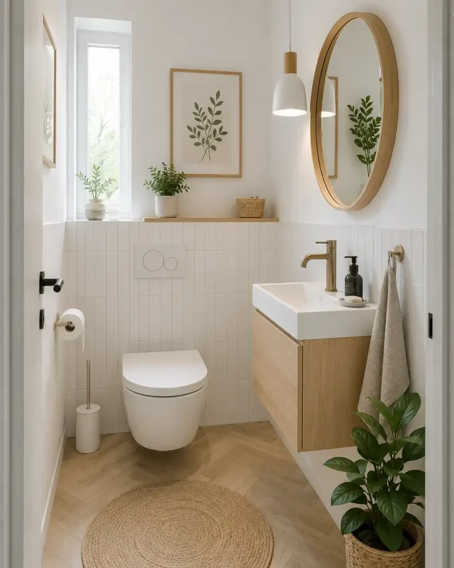 scandinavisch toilet met licht hout en witte tegels