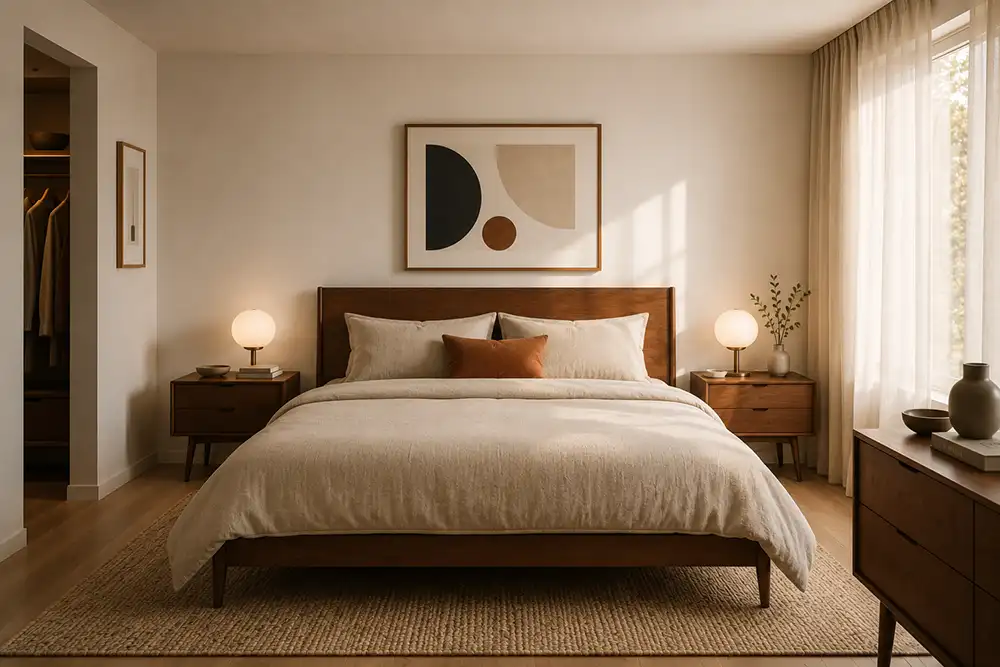 slaapkamer met subtiele mid century modern details