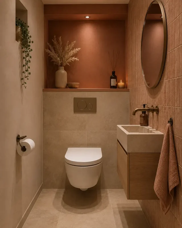 toilet met beige terracotta en zandkleurige tegels