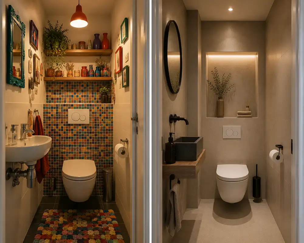 vergelijking tussen druk en rustig ingericht toilet