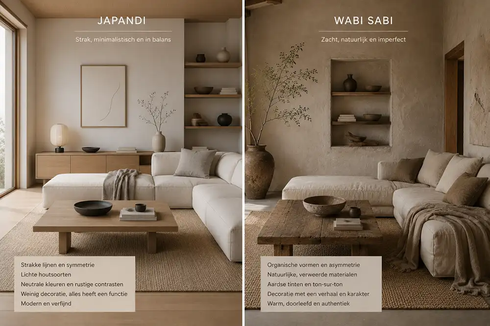 vergelijking tussen een japandi interieur en een wabi sabi interieur